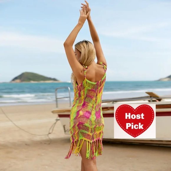 BOHO Swim Dress Crochet Beach Cover Up Colorful Bikini Cover Up Mesh Swim Shirt - Picture 5 of 10